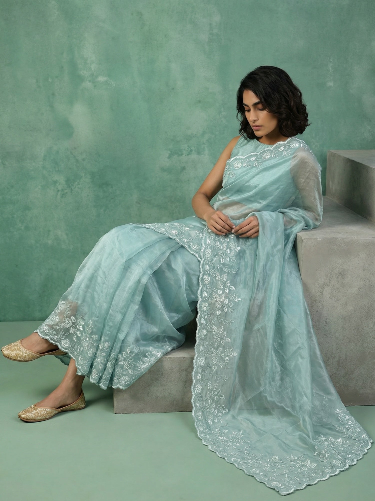 Sky Blue Soft Chanda Silk with Floral Jaal Embroidery Work Designer Saree
