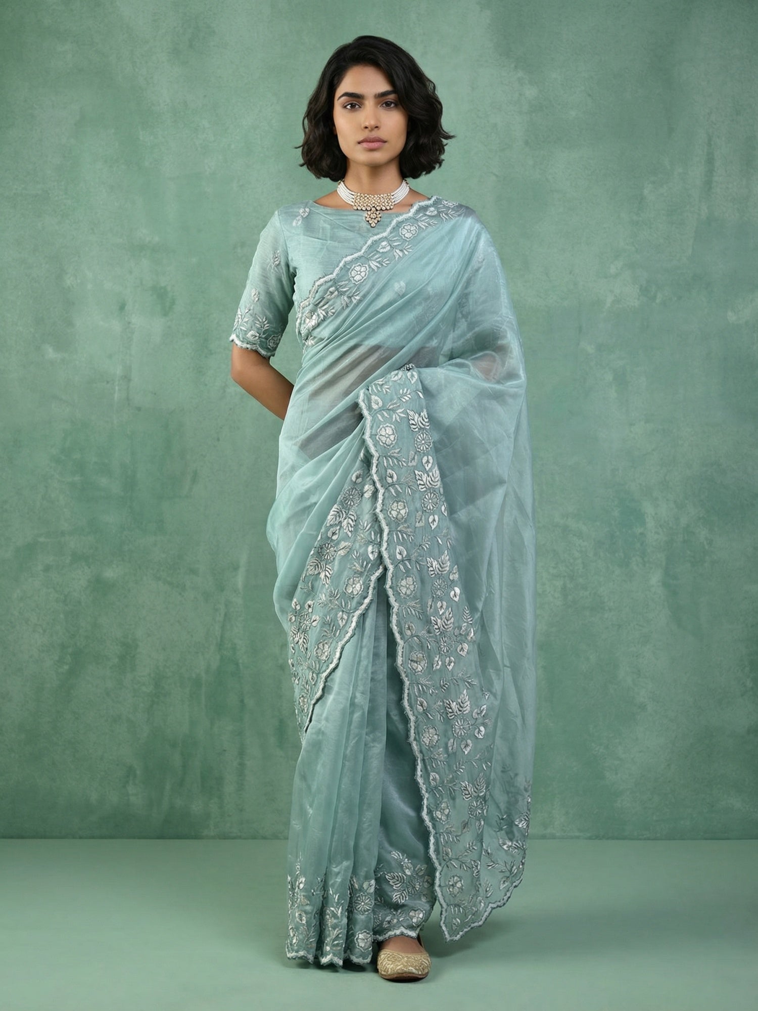 Sky Blue Soft Chanda Silk with Floral Jaal Embroidery Work Designer Saree