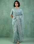 Sky Blue Soft Chanda Silk with Floral Jaal Embroidery Work Designer Saree