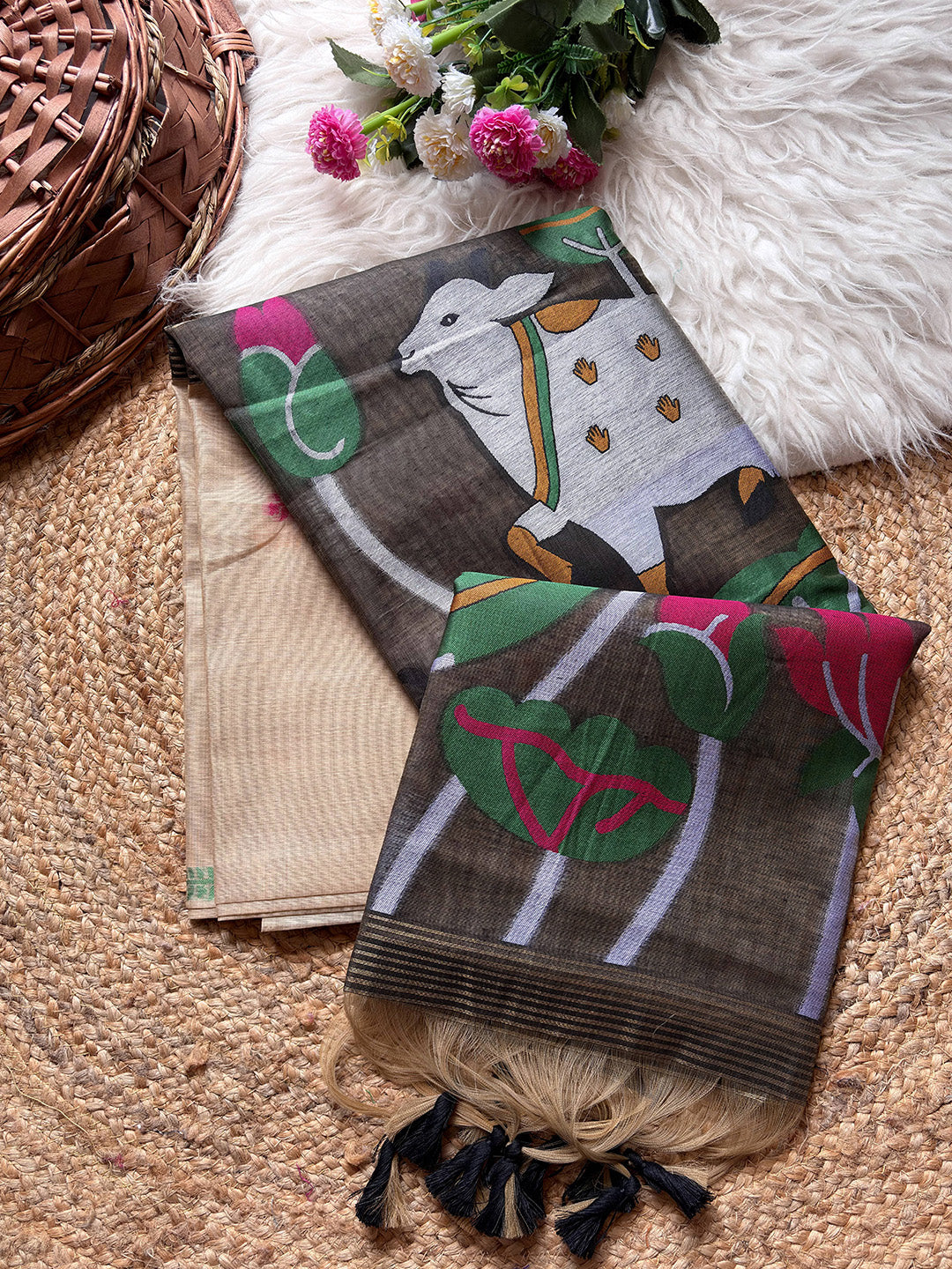 Decorative scarf with animal design on a textured surface